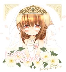 Rule 34 | 10s, 1girl, alternate costume, bad id, bad pixiv id, blush, bridal veil, brown eyes, brown hair, corsage, dated, dress, flower, folded ponytail, inazuma (kancolle), jewelry, kantai collection, looking at viewer, narita rumi, necklace, petals, smile, solo, tears, tiara, twitter username, veil, wedding dress, white background
