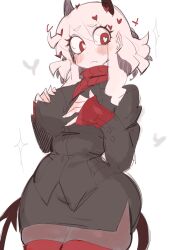 Rule 34 | 1girl, blush, breasts, demon girl, demon horns, demon tail, heart, heart-shaped pupils, helltaker, highres, horns, large breasts, looking to the side, medium hair, modeus (helltaker), pantyhose, pencil skirt, red eyes, red sweater, red thighhighs, sidelocks, skirt, sweater, symbol-shaped pupils, tail, thick thighs, thighhighs, thighs, usa37107692, white hair, wide hips, zettai ryouiki