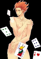 Rule 34 | 1boy, card, hisoka morow, hunter x hunter, male focus, muscular, nude, red hair, simple background, solo, tagme