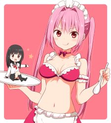 Rule 34 | 2girls, :d, :q, apron, arm garter, bare shoulders, bikini, black hair, black skirt, blush, blush stickers, bow, bra, breasts, brown eyes, chibi, chijou noko, chikanoko, cleavage, closed mouth, commentary request, dutch angle, frilled apron, frills, hair between eyes, hair intakes, highres, holding, holding spoon, holding tray, long hair, long sleeves, looking at viewer, maid, maid bikini, maid headdress, medium breasts, multiple girls, no shoes, open mouth, pink background, pink bow, pink bra, pink hair, pink skirt, pleated skirt, ragho no erika, red eyes, red neckwear, school uniform, serafuku, shirt, sitting, skirt, smile, spoon, standing, swimsuit, tongue, tongue out, tray, tsugou makina, twintails, two-tone background, unconventional maid, underwear, v-shaped eyebrows, very long hair, waist apron, white apron, white background, white shirt