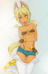 Rule 34 | 1girl, absurdres, animal ears, bad id, bad pixiv id, bangle, belt bra, blonde hair, boots, bracelet, breasts, cleavage, cosplay, cutoffs, denim, denim shorts, extra ears, fingerless gloves, gloves, gluteal fold, highres, ichii yui, jewelry, liru, liru (cosplay), looking at viewer, low twintails, lying, medium breasts, o-ring, o-ring top, on back, open mouth, purple mii, renkin san-kyuu magical pokaan, scar, short shorts, shorts, solo, suspenders, tail, thigh gap, tile floor, tiles, twintails, wolf ears, wolf tail, yellow eyes, yuyushiki