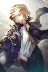 Rule 34 | 1boy, absurdres, artist name, black coat, black eyes, black pants, blonde hair, blowing bubbles, chewing gum, coat, coat on shoulders, cowboy shot, empty eyes, forehead, hands in pockets, high collar, highres, kyuuba melo, looking at viewer, male focus, medium hair, pants, sano manjirou, shirt, short sleeves, solo, standing, tokyo revengers, v-neck, white shirt