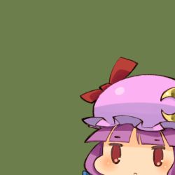Rule 34 | 1girl, :&lt;, blush, bow, chibi, female focus, moon, mota, patchouli knowledge, purple hair, red eyes, ribbon, simple background, solo, touhou