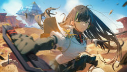 Rule 34 | 1girl, ahoge, black gloves, black hair, blue sky, blurry, blurry foreground, breasts, desert, gloves, green eyes, highres, holding, holding weapon, lin (tower of fantasy), long hair, looking at viewer, medium breasts, miniskirt, mole, mole under eye, omegu, outdoors, skirt, sky, thighhighs, tower of fantasy, uniform, weapon
