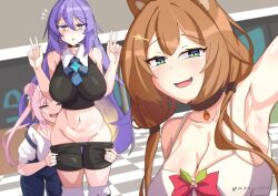 Rule 34 | 3girls, airani iofifteen, airani iofifteen (1st costume), animal ears, area 15, armpits, ayunda risu, ayunda risu (1st costume), breasts, brown hair, cleavage, clothes pull, green eyes, hololive, hololive indonesia, impossible clothes, large breasts, looking at viewer, moona hoshinova, moona hoshinova (1st costume), multiple girls, myumi, navel, overalls, pants, pants pull, pubic hair, purple eyes, purple hair, selfie, short shorts, shorts, smile, sports bra, squirrel ears, squirrel girl, virtual youtuber