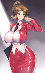 Rule 34 | 1girl, android, between breasts, black necktie, breasts, brown eyes, brown hair, business suit, clipboard, collared shirt, cowboy shot, curvy, dress, formal, ghost in the shell, high ponytail, holding, huge breasts, impossible clothes, impossible dress, impossible shirt, jacket, large breasts, long hair, looking to the side, nagase haruhito, necktie, necktie between breasts, operator (gits), parted bangs, pencil skirt, ponytail, red jacket, red skirt, shiny clothes, shirt, sidelocks, skin tight, skirt, skirt suit, solo, standing, suit, thighs, uniform, white shirt, wide hips
