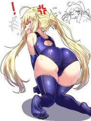Rule 34 | !, 1girl, ;p, absurdres, adapted costume, ahoge, all fours, alternate costume, anger vein, angry, artoria caster (fate), artoria caster (swimsuit) (fate), artoria caster (swimsuit) (first ascension) (fate), ass, back cutout, blonde hair, blue gloves, blue one-piece swimsuit, blue thighhighs, clothing cutout, commentary, double v, ebora, elbow gloves, english commentary, fate/grand order, fate (series), from behind, gloves, highleg, highleg swimsuit, highres, long hair, looking back, one-piece swimsuit, one eye closed, sharp teeth, shouting, swimsuit, teeth, thighhighs, toes, tongue, tongue out, twintails, v, wet, white background