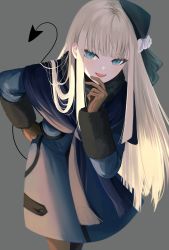 Rule 34 | 1girl, :d, absurdres, black bow, blonde hair, blue eyes, bow, brown gloves, brown pantyhose, commentary, cowboy shot, demon tail, fate/grand order, fate (series), fur-trimmed sleeves, fur trim, gloves, grey background, hair bow, hand on own hip, hand to own mouth, highres, light blush, long coat, long hair, looking at viewer, open mouth, pantyhose, reines el-melloi archisorte, simple background, smile, solo, standing, tail, tobi (pixiv41237754)