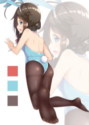 Rule 34 | 10s, 1girl, ass, back, backless leotard, blue eyes, blue leotard, braid, brown hair, commentary, feet, from behind, gurande (g-size), hair between eyes, hands up, highres, kantai collection, kneeling, knees together feet apart, leotard, looking at viewer, looking back, no shoes, open mouth, pantyhose, playboy bunny, red ribbon, ribbon, shigure (kancolle), shigure kai ni (kancolle), simple background, single braid, soles, solo, square, thighband pantyhose, thighs, white background, wrist cuffs, zoom layer