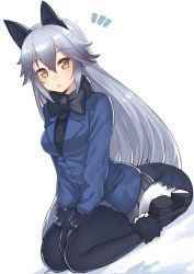 Rule 34 | 10s, 1girl, ^^^, animal ears, between legs, black gloves, black pantyhose, blush, boots, bow, bowtie, brown eyes, commentary request, fox ears, fox tail, fur trim, gloves, hair between eyes, highres, jacket, kame^^, kemono friends, long hair, long sleeves, looking at viewer, multicolored hair, open mouth, pantyhose, pleated skirt, silver fox (kemono friends), silver hair, simple background, sitting, skirt, solo, tail, v arms, wariza, white background