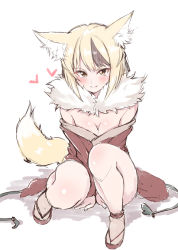 Rule 34 | 1girl, animal ear fluff, animal ears, black hair, blonde hair, blush, breasts, cleavage, fire emblem, fire emblem fates, fox ears, fox tail, jiino, knees up, long sleeves, multicolored hair, nintendo, parted lips, selkie (fire emblem), short hair, simple background, sitting, solo, tail, two-tone hair, white background