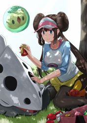 Rule 34 | 1girl, aqua eyes, bag, berry (pokemon), black pantyhose, blush, bottle, breasts, brown hair, closed mouth, collarbone, creatures (company), double bun, floating, game freak, gen 3 pokemon, gen 5 pokemon, grass, hair bun, hand on another&#039;s head, hat, highres, kneeling, lairon, large breasts, logo, long hair, long sleeves, looking at another, multicolored clothes, nintendo, noeru, outdoors, pantyhose, pantyhose under shorts, pecha berry, poke ball, poke ball (basic), pokemon, pokemon (creature), pokemon bw2, rosa (pokemon), shorts, smile, solosis, spray bottle, tepig, tree, visor, visor cap, yellow shorts