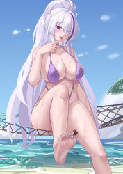 Rule 34 | 1girl, absurdres, azur lane, bare shoulders, barefoot, between toes, bikini, breasts, choker, collarbone, commentary request, feet, food, foot focus, foreshortening, hair over one eye, high ponytail, highres, holding, holding food, kaijiba, large breasts, long hair, looking at viewer, multicolored hair, ocean, official alternate costume, outdoors, purple bikini, purple choker, purple eyes, soles, solo, streaked hair, swimsuit, toes, tongue, tongue out, unzen (azur lane), unzen (sojourn through clear seas) (azur lane), very long hair, white hair