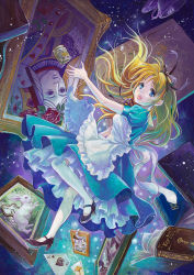 Rule 34 | 1girl, ace (playing card), ace of spades, alice (alice in wonderland), alice in wonderland, apron, blonde hair, blue eyes, book, bow, card, cat, cheshire cat (alice in wonderland), cup, dress, floating card, hair bow, hair ribbon, long hair, mad hatter (alice in wonderland), painting (object), playing card, rabbit, ribbon, solo, spade (shape), teacup, thighhighs, toyoda izumi, white rabbit (alice in wonderland)