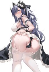 Rule 34 | 1girl, all fours, animal ears, arm garter, ass, august von parseval (azur lane), august von parseval (the conquered unhulde) (azur lane), azur lane, black panties, black skirt, breasts, cameltoe, commentary request, fake animal ears, frilled skirt, frills, from behind, garter straps, hair over one eye, hairband, high-waist skirt, highres, horns, large breasts, long hair, looking at viewer, looking back, mechanical horns, mouth hold, official alternate costume, panties, partially visible vulva, purple hair, ribbon, ribbon in mouth, sg (satoumogumogu), shirt, simple background, skirt, sleeveless, sleeveless shirt, solo, sweat, thighhighs, underwear, very long hair, white background, white hairband, white shirt, white thighhighs