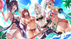 Rule 34 | 4girls, absurdres, american flag bikini, american flag print, ass, back, ball, bare shoulders, beachball, bikini, black bikini, blue eyes, blue sky, blush, breasts, brown hair, bun cover, carmilla (fate), carmilla (swimsuit rider) (fate), carmilla (swimsuit rider) (third ascension) (fate), cleavage, closed mouth, collarbone, eyewear on head, fate/grand order, fate (series), flag print, floral print, goggles, goggles on head, hair between eyes, hair bun, hair ornament, highres, katsushika hokusai (fate), katsushika hokusai (swimsuit saber) (fate), large breasts, long hair, looking at viewer, medium breasts, miyamoto musashi (fate), miyamoto musashi (fate/grand order), miyamoto musashi (swimsuit berserker) (fate), miyamoto musashi (swimsuit berserker) (second ascension) (fate), multiple girls, navel, octopus, open mouth, osakabehime (fate), osakabehime (swimsuit archer) (fate), osakabehime (swimsuit archer) (second ascension) (fate), pink hair, print bikini, purple eyes, purple hair, silver hair, single hair bun, ski goggles, sky, smile, sunlight, swept bangs, swimsuit, thighs, tokitarou (fate), toy sword, twintails, very long hair, wading, water, white bikini, yellow eyes, ynion
