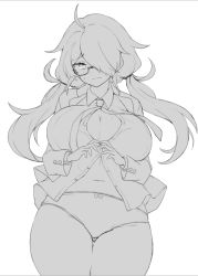 Rule 34 | 1girl, ahoge, bad id, bad twitter id, breasts, center opening, cleavage, female focus, glasses, greyscale, large breasts, long hair, low twintails, messy hair, mole, mole on breast, monochrome, navel, necktie, original, panties, pokoten (pokoten718), renna (pokoten), shirt, simple background, solo, twintails, underwear, white background