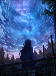 Rule 34 | 1girl, absurdres, against railing, black hair, blue jacket, blue skirt, cloud, cloudy sky, evening, facing up, feet out of frame, forest, from behind, hands in pockets, highres, hkcutie, jacket, landscape, legs apart, long hair, miniskirt, nature, night, night sky, original, outdoors, pleated skirt, railing, scenery, shooting star, signature, skirt, sky, solo, star (sky), starry sky, straight hair, tree, wide shot
