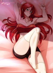 Rule 34 | 1girl, absurdres, armpits, artist name, bare shoulders, bike shorts, blush, breasts, cleavage, collarbone, feet out of frame, green eyes, hair between eyes, highres, large breasts, long hair, looking at viewer, lying, on back, on bed, patreon username, pyrrha nikos, red hair, rwby, short sleeves, sleeveless, smile, solo, strapless, teeth, thighhighs, tube top, vilde loh hocen, watermark, web address, white thighhighs