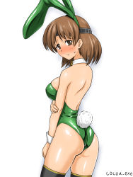 Rule 34 | 1girl, animal ears, ass, back, black thighhighs, blush, breasts, brown eyes, brown hair, chiyoda (kancolle), cocoa (cocoa0191), detached collar, embarrassed, fake animal ears, fake tail, green leotard, green neckwear, green ribbon, headband, kantai collection, large breasts, leotard, looking at viewer, looking back, playboy bunny, rabbit ears, ribbon, short hair, signature, simple background, solo, strapless, strapless leotard, sweatdrop, tail, thighhighs, twitter username, white background, wing collar, wrist cuffs