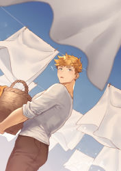Rule 34 | !, 1boy, ass, bara, blonde hair, blush, brown pants, carrying, carrying bag, day, gradient background, granblue fantasy, hanging, hanging in clothes, higashigunkan, laundry, light, looking at viewer, looking back, male focus, muscular, open mouth, outdoors, pants, pectorals, raised eyebrows, shirt, sky, sleeves rolled up, solo, white shirt