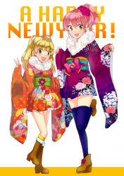 Rule 34 | 10s, 2girls, :d, blonde hair, blush, bow, floral print, green eyes, happy new year, idolmaster, idolmaster cinderella girls, japanese clothes, jougasaki mika, jougasaki rika, kashiwagi kano, kimono, long hair, looking at viewer, multiple girls, new year, obi, open mouth, pink hair, sash, short hair, short kimono, siblings, sisters, smile, thighhighs, twintails, two side up, v, yellow eyes