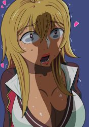 Rule 34 | 1boy, 1girl, blonde hair, blush, breasts, brown eyes, cleavage, heart, heart-shaped pupils, hetero, highres, large breasts, long hair, looking at penis, open mouth, penis awe, penis shadow, saliva, shikishima mirei, symbol-shaped pupils, valkyrie drive, valkyrie drive -mermaid-