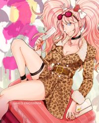 Rule 34 | alcohol, alternate costume, animal print, black choker, black footwear, blonde hair, blue eyes, blush, bow, breasts, choker, cleavage, clutch, cup, danganronpa: trigger happy havoc, danganronpa (series), drinking glass, enoshima junko, fake nails, fingernails, garter belt, hair bow, hair ornament, leaning back, leg up, legs, leopard print, leopard print jacket, long eyelashes, long hair, long sleeves, looking at viewer, nail polish, on one knee, one knee up, rabbit hair ornament, reclining, red bow, red nails, simple background, sitting, sitting on object, smile, suitcase, sunglasses, sunglasses on head, thighs, white bow, wine, wine glass