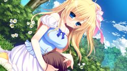 Rule 34 | 1girl, blonde hair, blue eyes, blue sky, blush, breasts, brown hair, cloud, day, dutch angle, flower, game cg, lap pillow, large breasts, light smile, long hair, mekami suzu, outdoors, pure girl, purino party, sky, solo focus, suzu mekami, tree