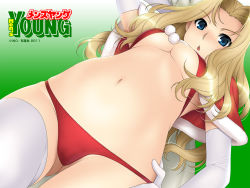 Rule 34 | 10s, 1girl, 2011, bikini, blonde hair, blue eyes, breasts, christmas, dutch angle, elbow gloves, from below, gloves, ino (magloid), long hair, lowleg, medium breasts, men&#039;s young, navel, perspective, red bikini, santa costume, solo, swimsuit, thighhighs, underboob, wallpaper, white gloves, white thighhighs