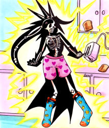 Rule 34 | 1girl, accident, accidental exposure, animal print, arms at sides, artist request, bad anatomy, boxers, brain, bread, bread slice, capcom, chicken print, clenched teeth, delinquent, electricity, electrocution, female focus, food, full body, heart, heart print, high ponytail, highres, himezaki aoi, indoors, justice gakuen, kitchen, legwear garter, loaf of bread, long hair, male underwear, moero! justice gakuen, pain, parted bangs, pink boxers, ponytail, ranxxxu, red hair, shiritsu justice gakuen, sidelocks, signature, silhouette, skeleton, socks, spiked hair, teeth, toast, underwear, very long hair, what, x-ray