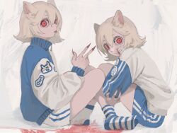 Rule 34 | 2girls, animal ears, bandage on face, bandages, blonde hair, blood, blue shorts, cat ears, end80236189, fingernails, hair between eyes, long sleeves, looking at viewer, multiple girls, original, red eyes, short hair, shorts, sitting, socks, striped clothes, striped socks, tongue, tongue out, white shorts