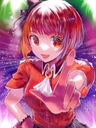 Rule 34 | arima kana, black hat, black skirt, bob cut, gloves, happy, hat, highres, hollowgeek, idol, idol clothes, inverted bob, looking at viewer, open mouth, oshi no ko, pink gloves, red eyes, red hair, red shirt, shirt, short hair, skirt, smile, upper body