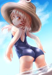 Rule 34 | 1girl, ass, baram, bare arms, blonde hair, blue sky, brown hat, day, from behind, hair ribbon, hat, long hair, looking at viewer, looking back, moriya suwako, one-piece swimsuit, outdoors, red ribbon, ribbon, school swimsuit, sky, solo, summer, swimsuit, touhou, tress ribbon, wading, water, wet, yellow eyes