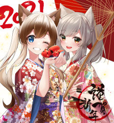 Rule 34 | 2021, 2girls, :d, animal ear fluff, animal ears, blue eyes, blue nails, bow, brown bow, brown eyes, brown hair, cat ears, commentary, english commentary, floral print, grey hair, hands up, highres, holding, holding umbrella, japanese clothes, kimono, long hair, long sleeves, looking at viewer, multiple girls, nail polish, new year, obi, oil-paper umbrella, open mouth, original, pink kimono, print kimono, red kimono, red umbrella, rukinya (nyanko mogumogu), sash, short sleeves, sidelocks, simple background, smile, teeth, twintails, umbrella, upper teeth only, v, very long hair, white background, wide sleeves
