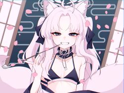 Rule 34 | 1girl, absurdres, ahoge, animal ears, black bow, black bra, black eyes, blue archive, bow, bra, breasts, fox ears, fox girl, fox tail, hair bow, halo, highres, holding, holding smoking pipe, ka keo, kitsune, kuzunoha (blue archive), long hair, multiple tails, parted lips, petals, pink hair, small breasts, smile, smoking pipe, solo, tail, twintails, underwear, upper body