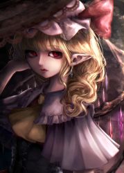 Rule 34 | 1girl, ascot, blonde hair, blouse, blunt bangs, closed mouth, collared shirt, commentary, corset, crystal, earrings, expressionless, fang, flandre scarlet, frilled shirt collar, frills, hand in own hair, hand up, hat, hat ribbon, highres, jewelry, lips, long hair, mizuhichi, mob cap, pointy ears, red eyes, red ribbon, red vest, ribbon, shirt, short sleeves, solo, touhou, upper body, vest, wavy hair, white hat, white shirt, wide sleeves, wings, yellow ascot