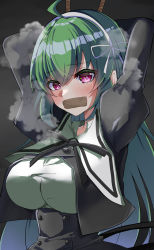 Rule 34 | 1girl, absurdres, ahoge, arms behind head, arms up, assault lily, bdsm, black ribbon, black skirt, blush, bondage, bound, bow hairband, breasts, buttons, commentary request, covered mouth, cropped jacket, gag, gagged, gradient background, green hair, grey background, hair between eyes, hair ribbon, hairband, high-waist skirt, highres, improvised gag, juliet sleeves, large breasts, long hair, long sleeves, looking at viewer, neck ribbon, pink eyes, puffy sleeves, restrained, ribbon, school uniform, shirt, skirt, solo, steaming body, tanaka ichi, tape, tape gag, upper body, very long hair, white hairband, white ribbon, white shirt, ya-man, yurigaoka girls academy school uniform