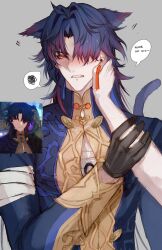 Rule 34 | 1boy, 1other, animal ears, arm grab, bandaged arm, bandaged chest, bandages, bandages over clothes, black gloves, black jacket, blade (honkai: star rail), blue hair, blush, cat boy, cat ears, cat tail, chinese clothes, clenched teeth, commentary, curtained hair, dark blue hair, earrings, ears down, embarrassed, english commentary, english text, fang, game screenshot inset, gloves, gradient hair, grey background, hair intakes, hair over one eye, hand on another&#039;s cheek, hand on another&#039;s face, hand up, highres, honkai: star rail, honkai (series), jacket, jewelry, long hair, long sleeves, looking at viewer, male focus, mandarin collar, mismatched earrings, multicolored hair, nose blush, one eye covered, parted bangs, pov, pov hands, red eyes, red hair, reference inset, shivaille, sidelocks, simple background, solo focus, speech bubble, spoken squiggle, squiggle, tail, teeth, upper body, v-shaped eyebrows