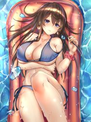 Rule 34 | 1girl, arm under breasts, bare shoulders, bikini, blue bikini, blue eyes, blush, breasts, brown hair, cleavage, collarbone, come hither, earrings, highres, jewelry, large breasts, long hair, looking at viewer, lying, nail polish, on back, original, pool, scrunchie, smile, solo, suiete, swimsuit, untied bikini, water, wrist scrunchie, yellow nails