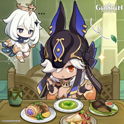 Rule 34 | ..., 1boy, 1girl, absurdres, animal ears, animal hat, black choker, black headwear, chibi, choker, commentary, copyright name, cup, cyno (genshin impact), dark-skinned male, dark skin, dot nose, egyptian clothes, english commentary, floating, food, fruit, genshin impact, gold trim, hair ornament, hair over one eye, halo, hands up, hat, highres, holding, holding spoon, indoors, jackal ears, leaf, lemon, lemon slice, long hair, looking at food, looking at viewer, official art, paimon (genshin impact), plate, red eyes, slit pupils, soup, sparkle, spoon, tomato, tomato slice, upper body, white hair