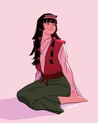 Rule 34 | 1girl, alluka zoldyck, black hair, blue eyes, blunt bangs, child, dress, green dress, hair ornament, hairband, highres, hunter x hunter, long hair, long sleeves, looking to the side, multi-tied hair, nyallukaa, seiza, signature, simple background, sitting, smile, solo