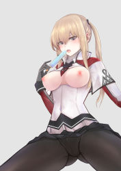 Rule 34 | 10s, 1girl, black pantyhose, blonde hair, blush, breasts, breasts out, capelet, celtic knot, cross, crotch seam, female focus, food, gloves, graf zeppelin (kancolle), grey eyes, hair between eyes, highres, impossible clothes, jacket, kantai collection, large breasts, looking at viewer, miniskirt, necktie, nipples, open mouth, pantyhose, popsicle, saliva, senasky, sidelocks, skirt, solo, tongue, tongue out, tsurime, twintails