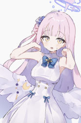 Rule 34 | 1girl, angel wings, armpits, bare shoulders, blue archive, blue ribbon, breasts, crescent, dress, epi zero, flower, hair bun, hair flower, hair ornament, halo, hands on shoulders, highres, light blush, long hair, looking at viewer, medium breasts, mika (blue archive), open mouth, pink hair, ribbon, side bun, simple background, single side bun, sweat, white background, white dress, wings, yellow eyes