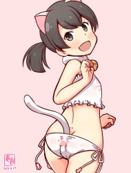 Rule 34 | 1girl, alternate costume, ass, bell, black hair, bra, cat lingerie, commentary request, dated, frilled bra, frills, from behind, grey eyes, i-41 (kancolle), implied tail plug, jingle bell, kanon (kurogane knights), kantai collection, looking at viewer, looking back, low ponytail, meme attire, neck bell, one-hour drawing challenge, panties, paw print, pink background, side-tie panties, simple background, smile, solo, twitter username, underwear, underwear only, white bra, white panties