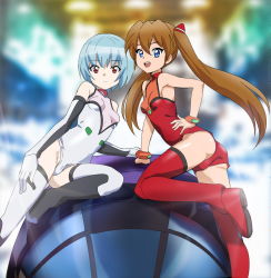 Rule 34 | 2girls, adapted costume, ass, ayanami rei, bad id, bad pixiv id, bare shoulders, blue eyes, blurry, breasts, brown hair, closed mouth, depth of field, female focus, hair between eyes, hand on own hip, leotard, long hair, looking at viewer, multiple girls, neon genesis evangelion, ontaros, open mouth, plugsuit, red eyes, short hair, small breasts, smile, souryuu asuka langley, thighhighs, twintails, white legwear