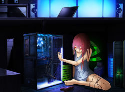 Rule 34 | 1girl, bad id, bad pixiv id, barefoot, computer, drill, graphics card, hand fan, highres, long hair, nvidia, original, power drill, power tool, red eyes, red hair, solo, solru, speaker, tyappygain, graphics card, wire