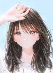 Rule 34 | 1girl, absurdres, blouse, blue background, blush, brown hair, hand on own forehead, highres, long hair, looking at viewer, ojay tkym, original, parted lips, pink eyes, shirt, simple background, solo, white shirt