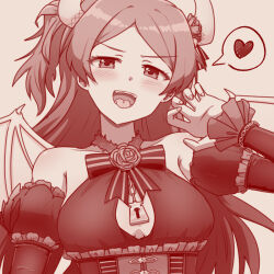 1girl :d armpits blush breasts cleavage_cutout clothing_cutout demon_girl demon_horns demon_wings detached_sleeves dot_nose dress eyelashes fangs frilled_sleeves frills halter_dress halterneck heart horns idolmaster idolmaster_million_live! idolmaster_million_live!_theater_days large_breasts long_hair long_sleeves looking_at_viewer monochrome official_alternate_costume ogami_tamaki open_mouth parted_bangs paw_pose puffy_detached_sleeves puffy_sleeves side_ponytail sidelocks simple_background smile spoken_heart todokamen tongue upper_body v-shaped_eyebrows wings