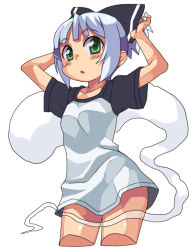 Rule 34 | 1girl, :o, alternate costume, alternate hairstyle, bottomless, chacha (tyatya), cowboy shot, cropped legs, dress shirt, female focus, ghost, green eyes, hairband, konpaku youmu, konpaku youmu (ghost), naked shirt, raglan sleeves, shirt, short hair, silver hair, simple background, solo, t-shirt, thighhighs, touhou, white background
